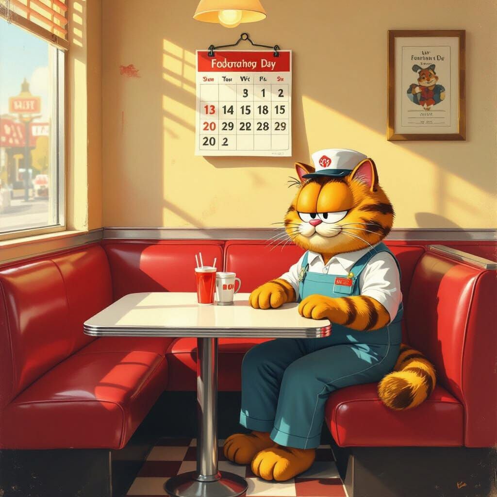 Garfield in 1950s Italian Diner Impasto Painting