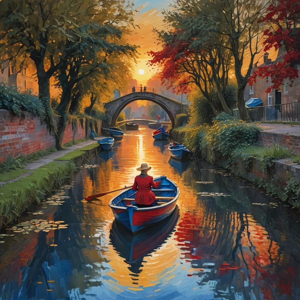 Lady in Red Rowboat at Sunset: Digital Painting