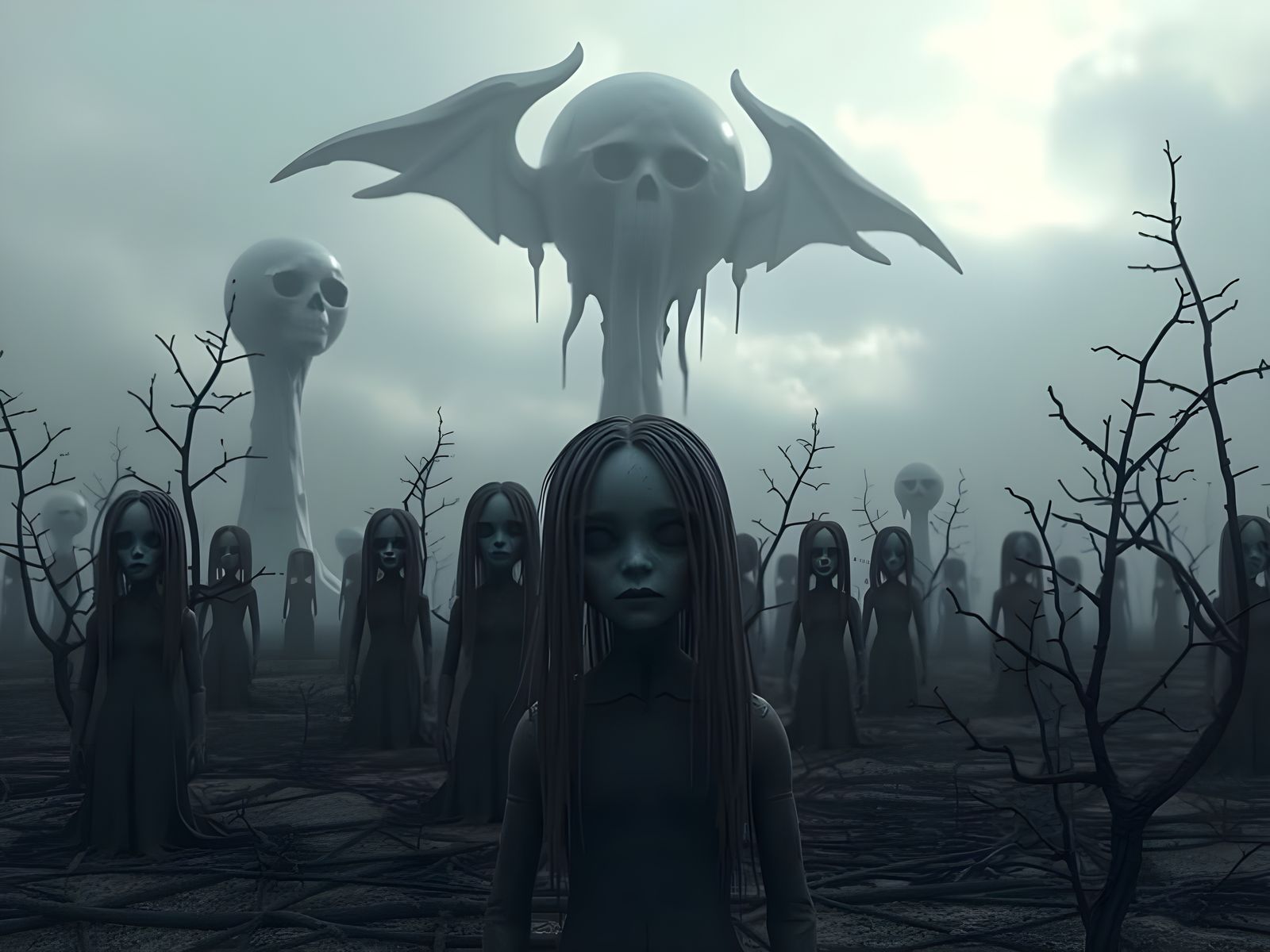 Creepy Eyeless Dollfaces in Dystopian Surrealism