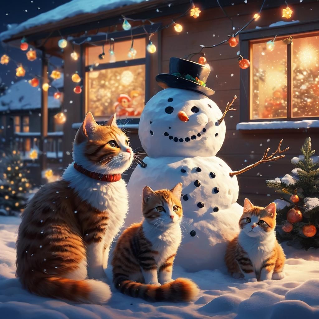 Whimsical Winter Anime: Kittens and Snowman