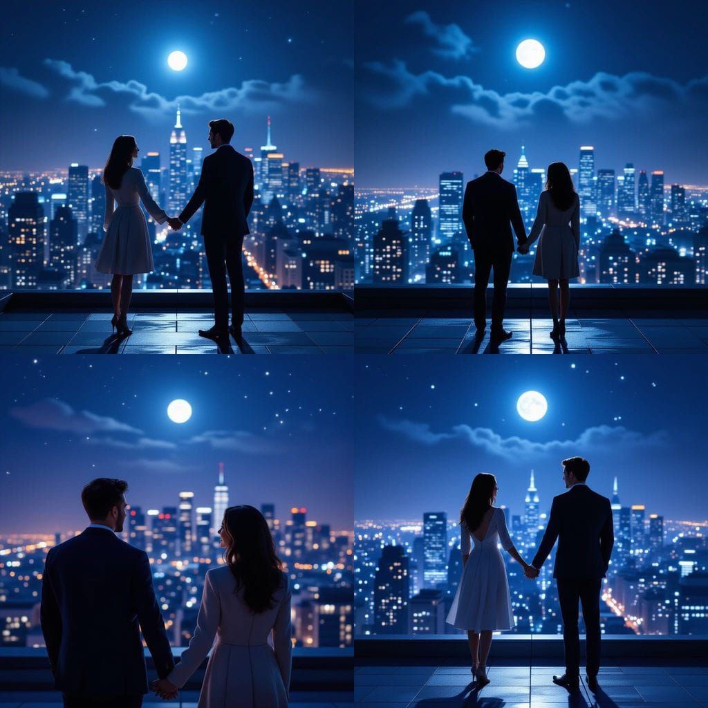 Couple Gazes at City Skyline on Moonlit Rooftop