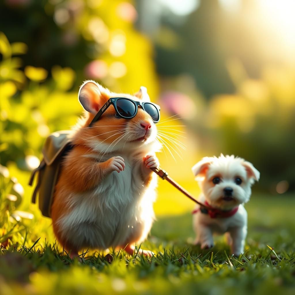 Hamster Walking Dog in Sunny Garden, Professional Photograph...