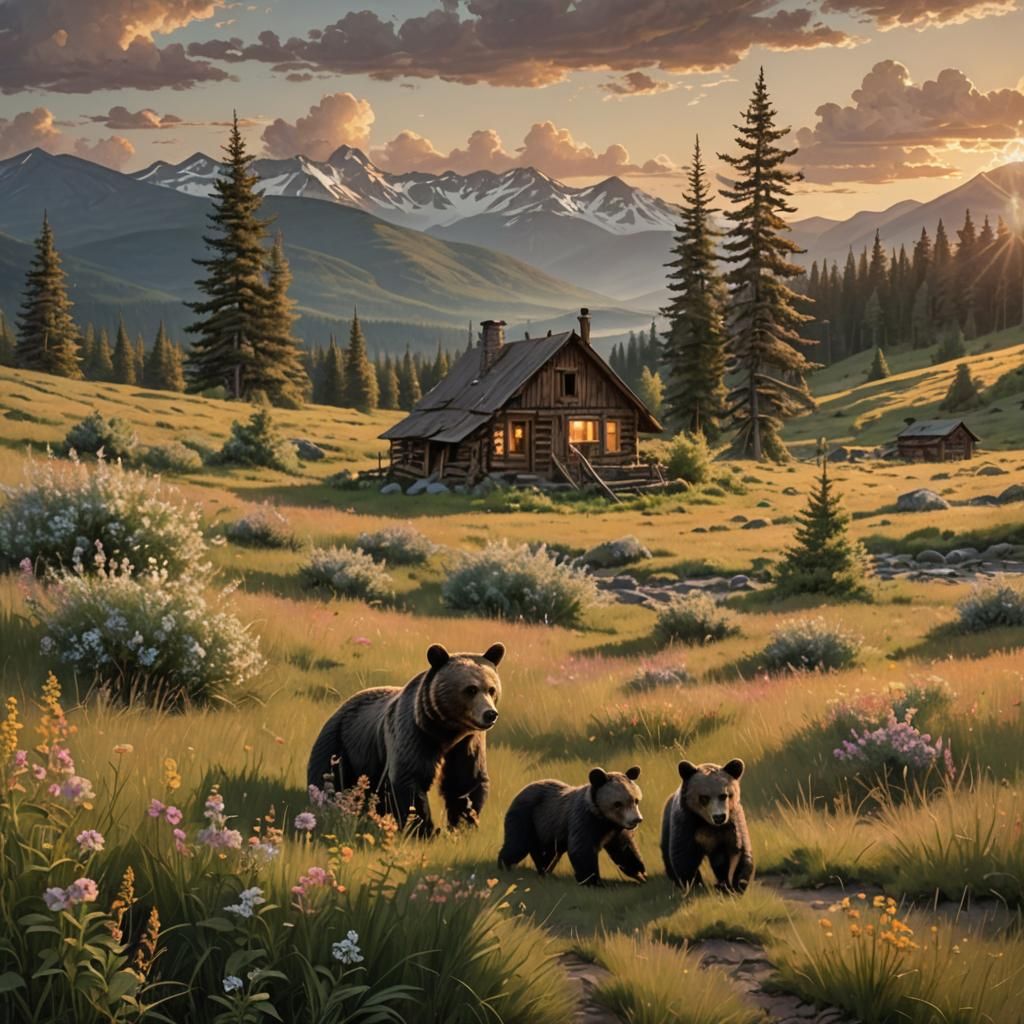 Bear Family in Golden Hour Prairie Scene