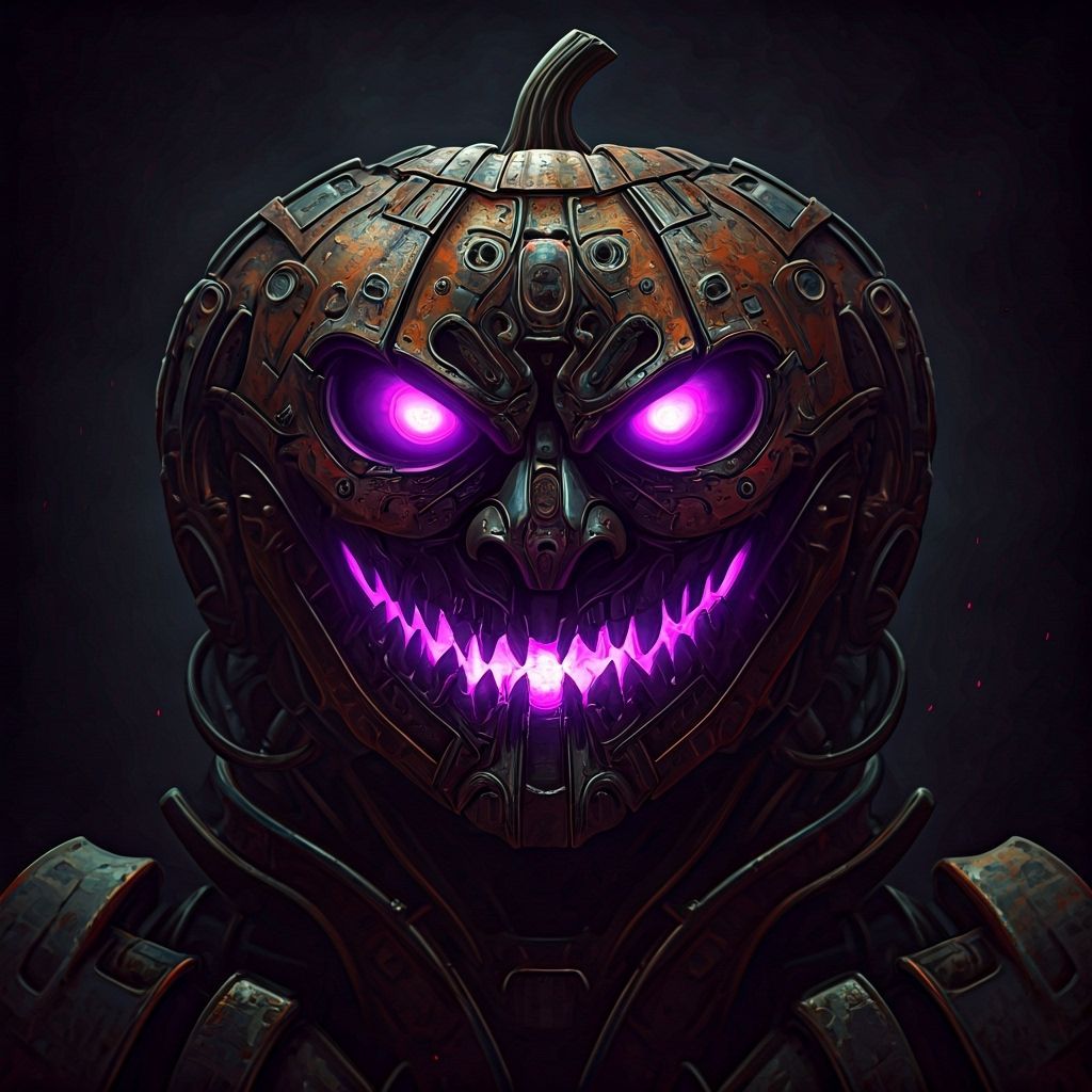 Sinister Oni Jack-o-Lantern Robot in Watercolor