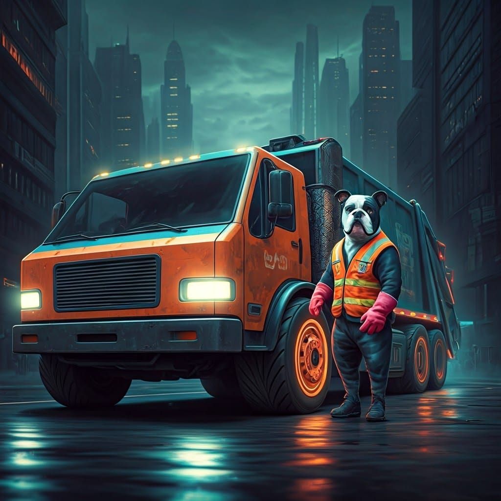 Futuristic Garbage Truck Driver in Dystopian Cityscape