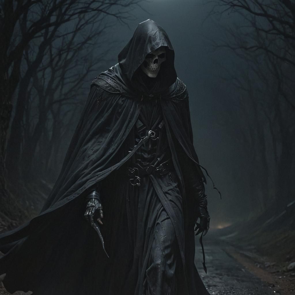 Grim Reaper Walks on Moonless Road: Dark Fantasy