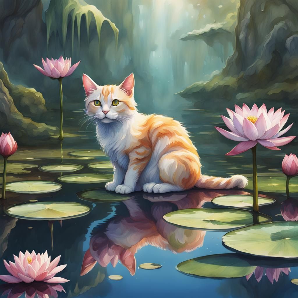 Cat at Water Lily Pond: Watercolour Painting