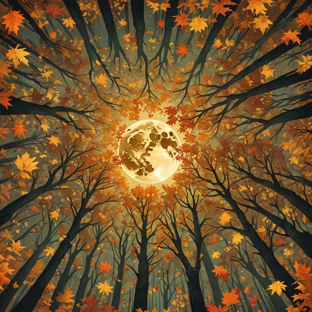 Harvest Moon Illuminates Autumn Forest in Digital Art
