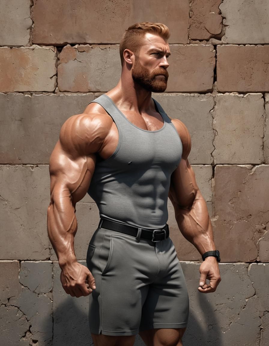 Muscular Ginger Bodybuilder Flexing Biceps in 3D Render