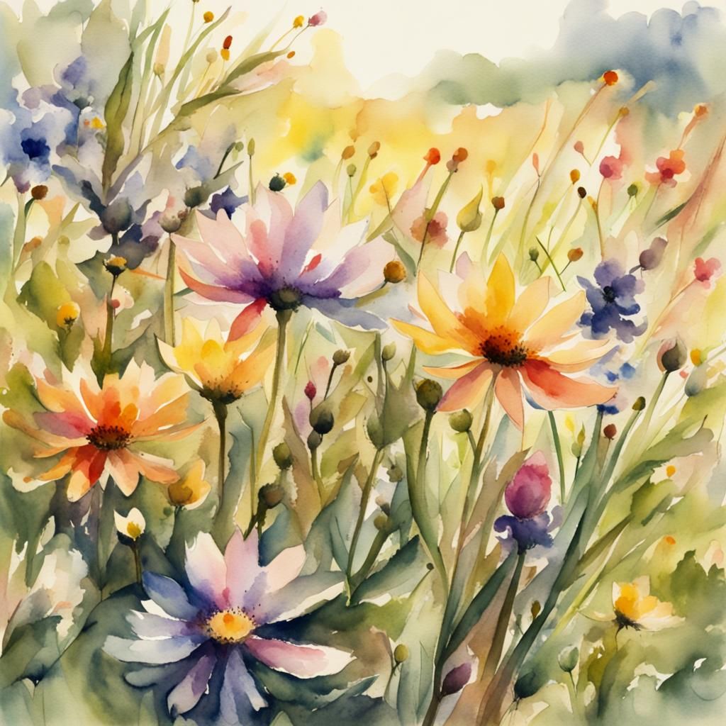 Watercolor Meadow: Close-Up of Blooming Wildflowers