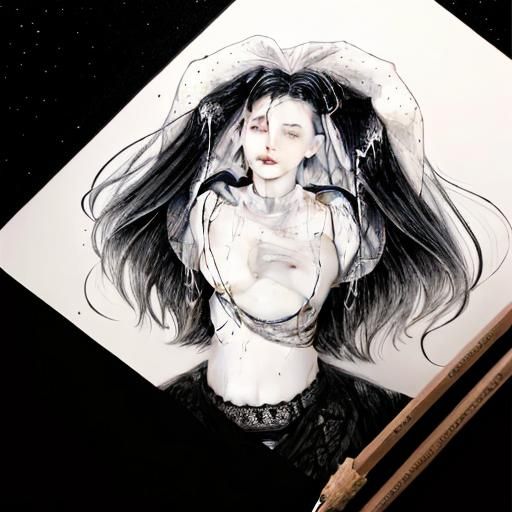 Sad Girl in Rain, Cross Hatching Drawing