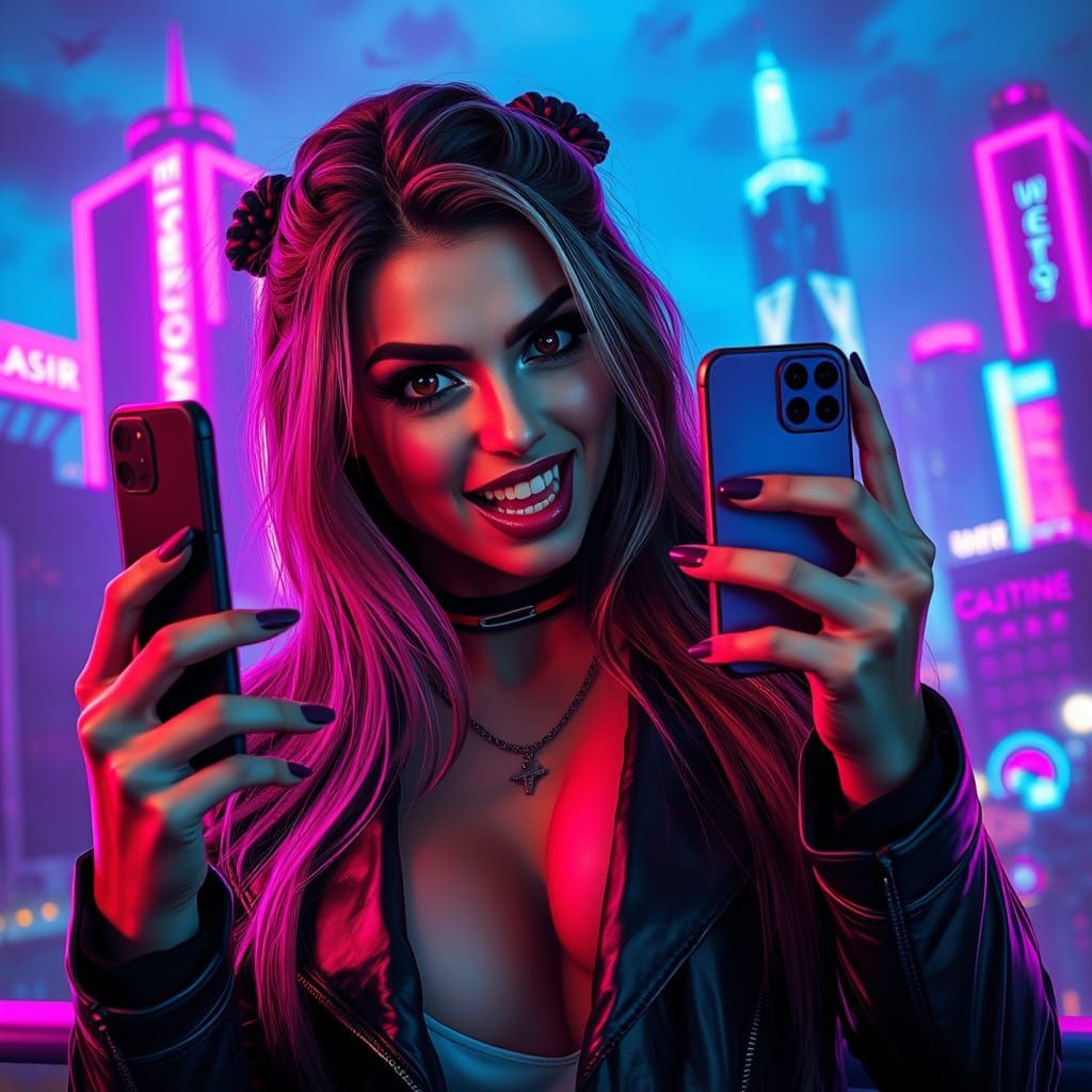 Glamorous Vampire Influencer in Futuristic Neon City