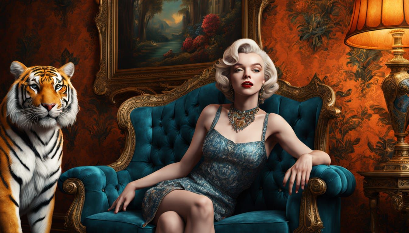Marilyn Monroe and Tiger in Victorian Parlor