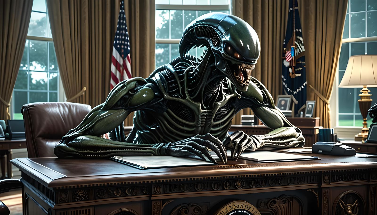 Alien Xenomorph in Oval Office: Hyperrealistic Horror Art