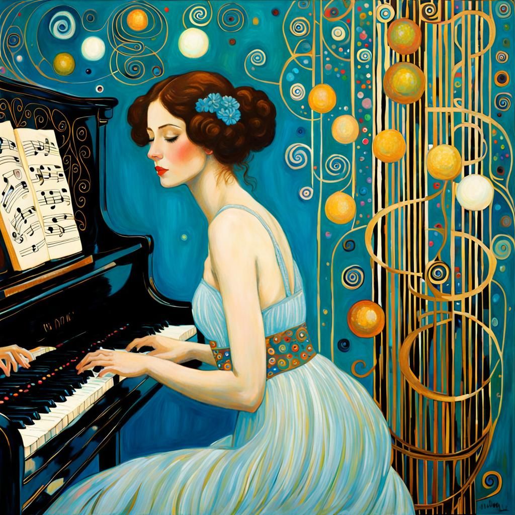 Girl Playing Piano in Klimt-Inspired Style
