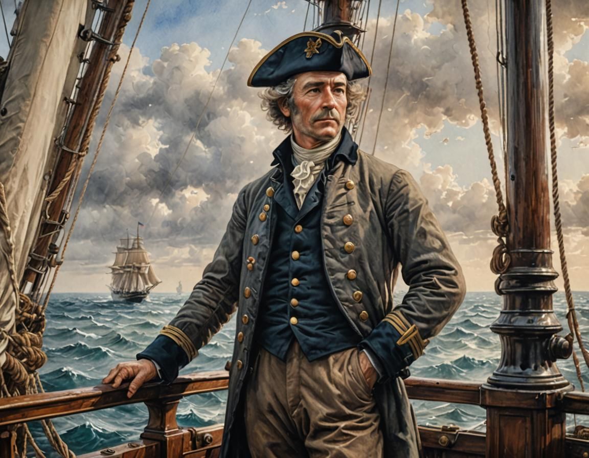 Ship Captain on Deck in Watercolor Style