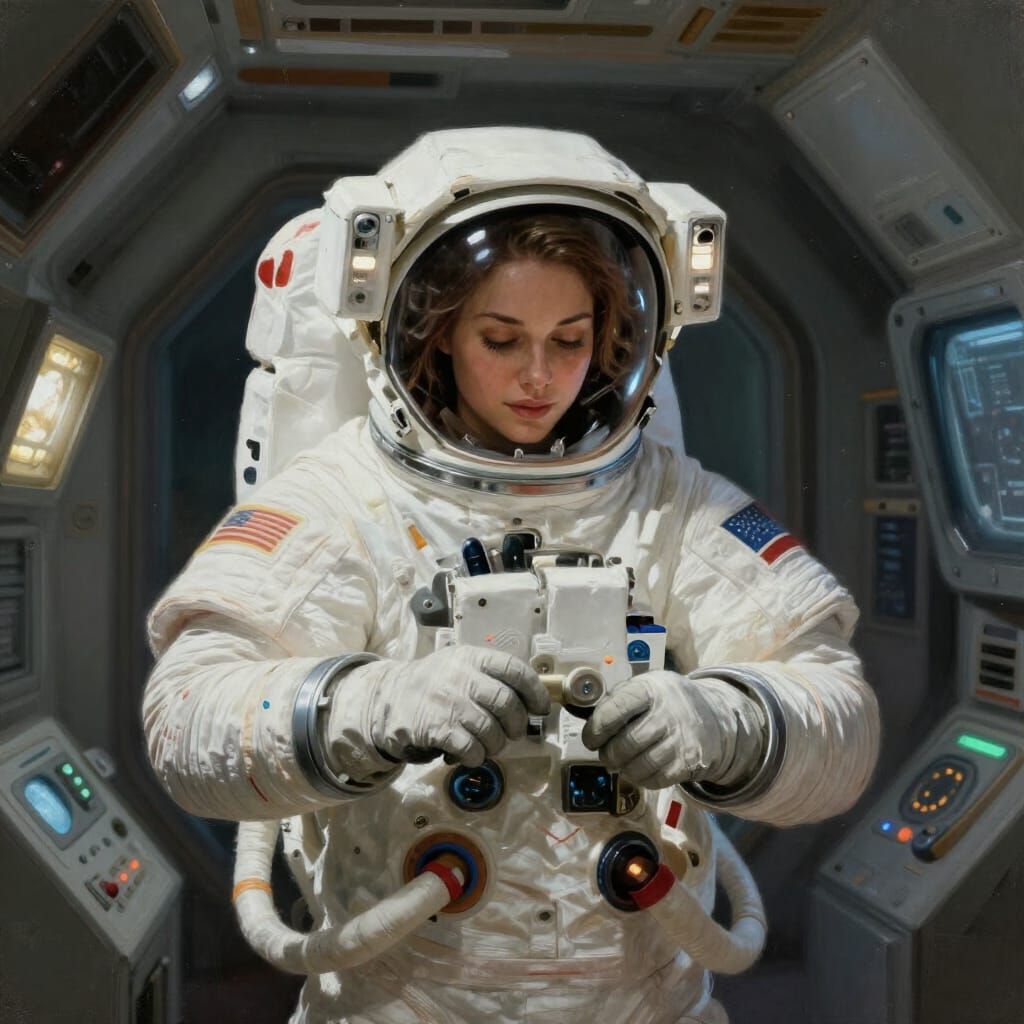Female Astronaut Removing Spacesuit Inside Detailed Capsule