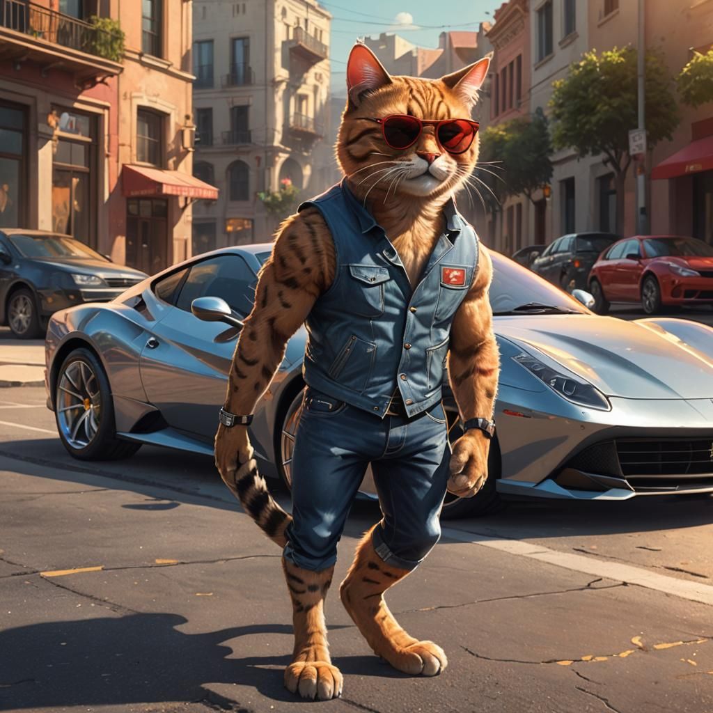 Muscular Cat Beside Ferrari: Fantastical Concept Art
