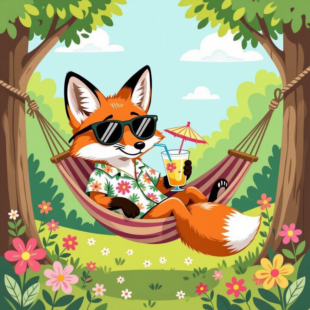 Fox in Hammock Sipping Pina Colada