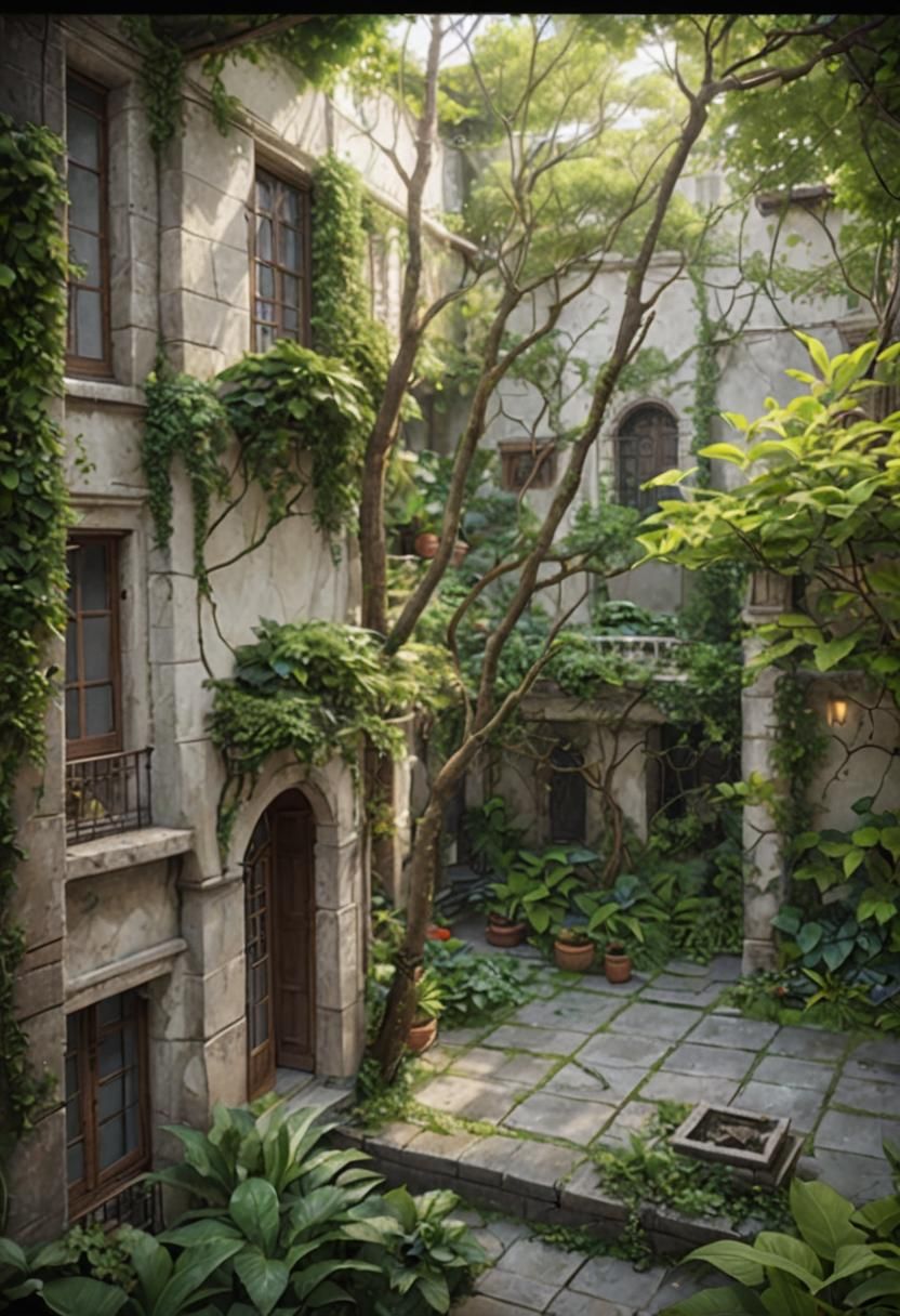 Lush Courtyard Garden in 3D Anime Style