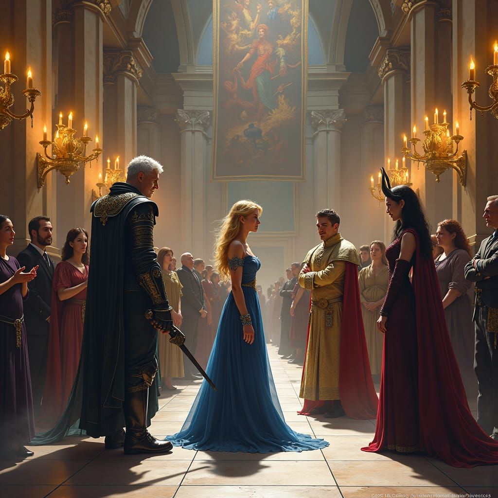 Scene Description:

A grand, candlelit palace hall with towe...