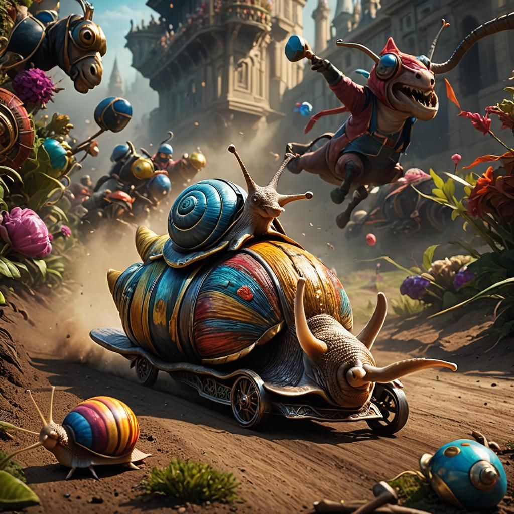 A racing snail, in full colours being ridden by a jockey  ci...