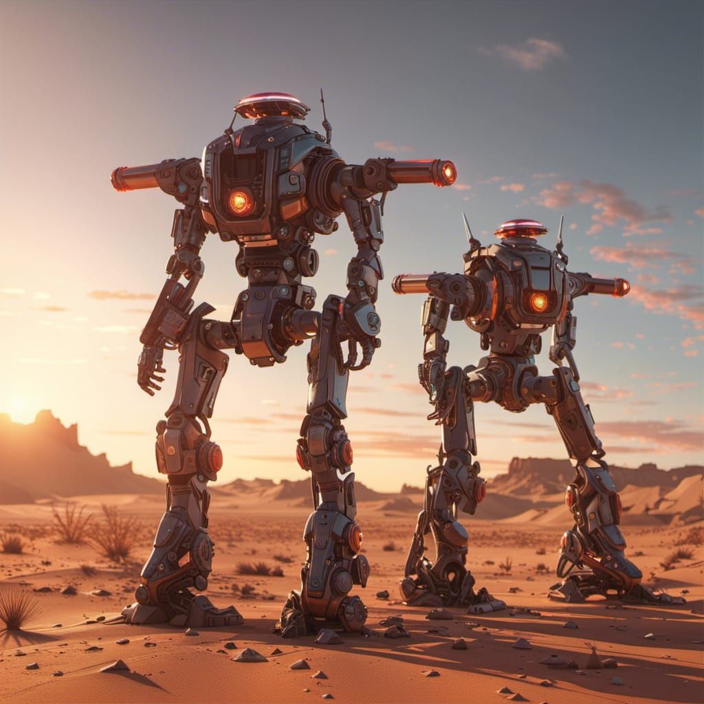 Cyberpunk Robot Cowboys in Desert Sunset