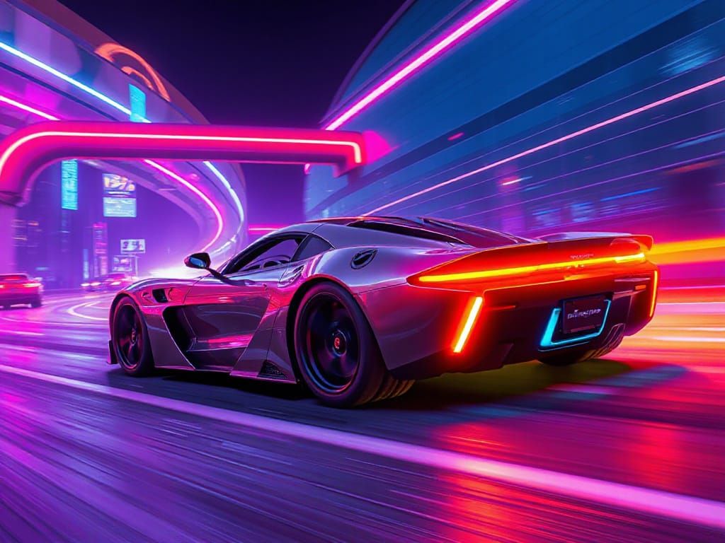 Futuristic Car on Neon Highway in Dystopian Style