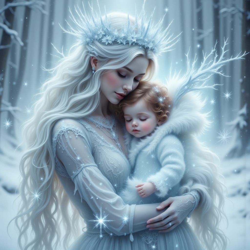 Dreamlike Winter Scene: Snow Queen and Child in Misty Snow