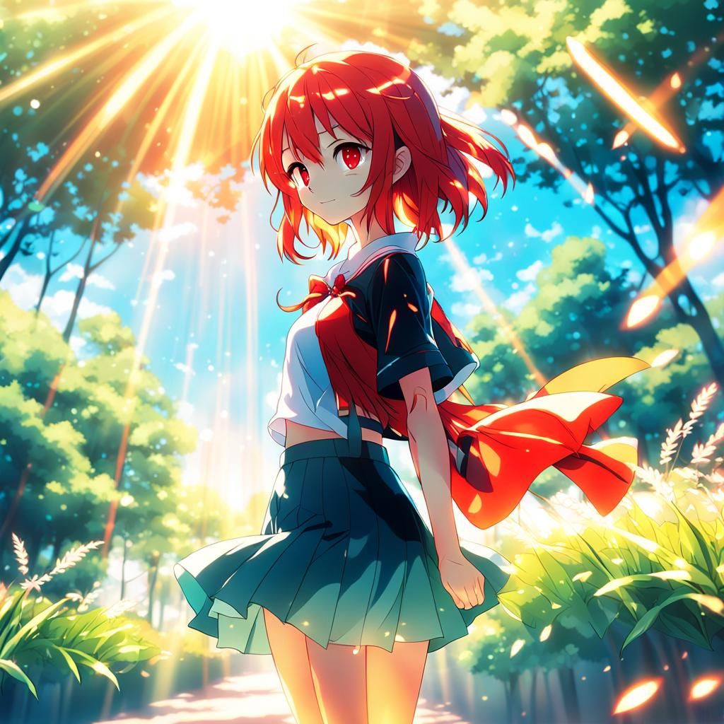 Anime Girl in Red Dress with Bokeh Effect