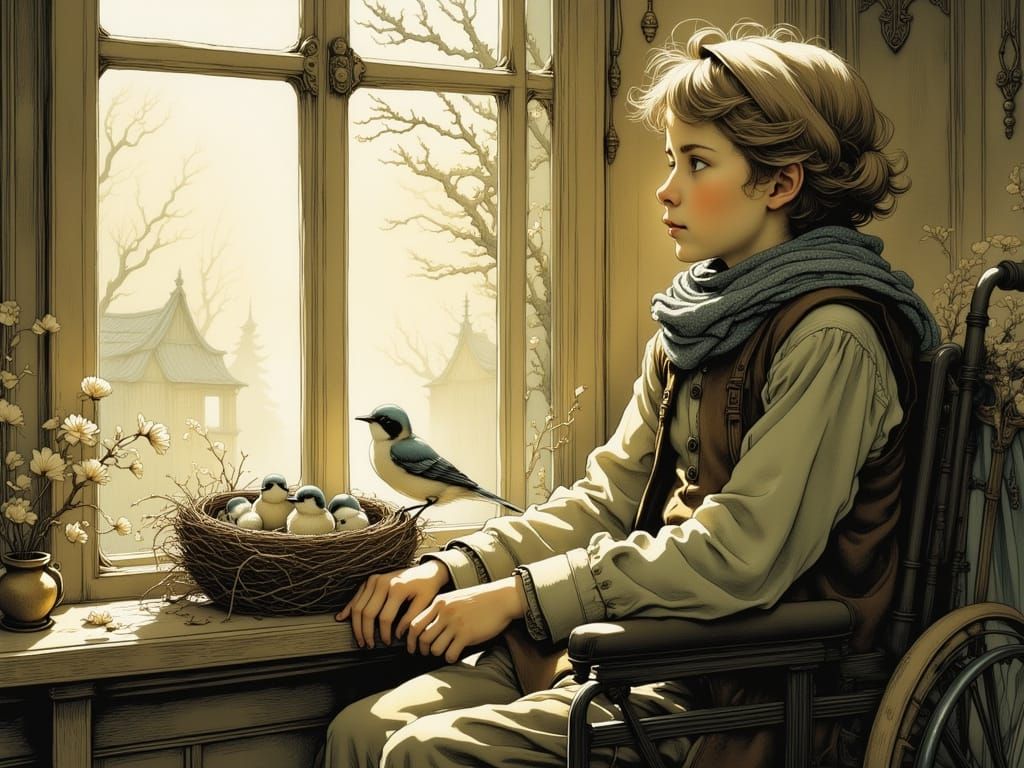 Elderly Woman Watches Bird's Nest at Window