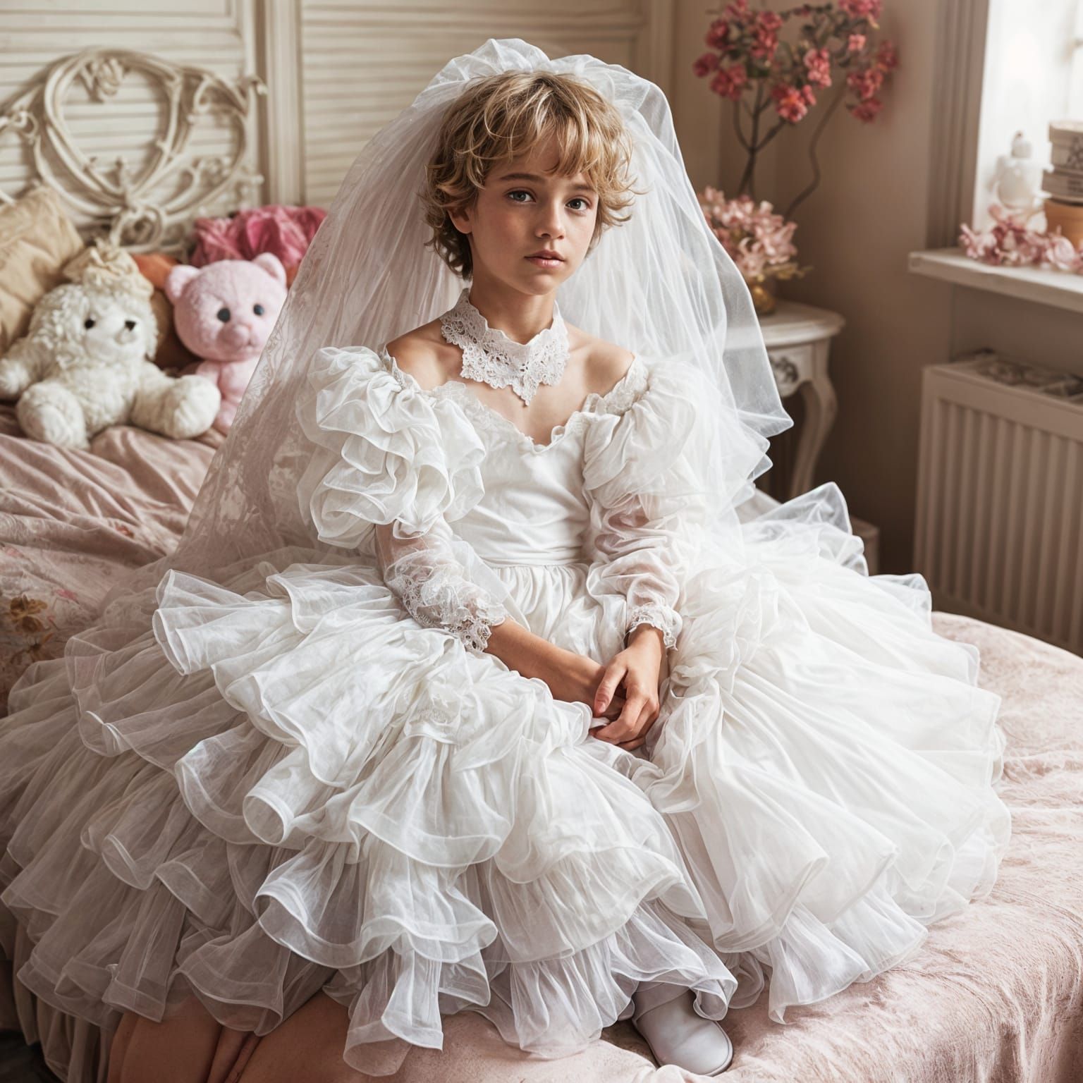 Trying mom's wedding dress...