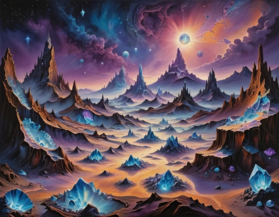 Surreal Crystal Landscape in Dreamlike Oil Painting