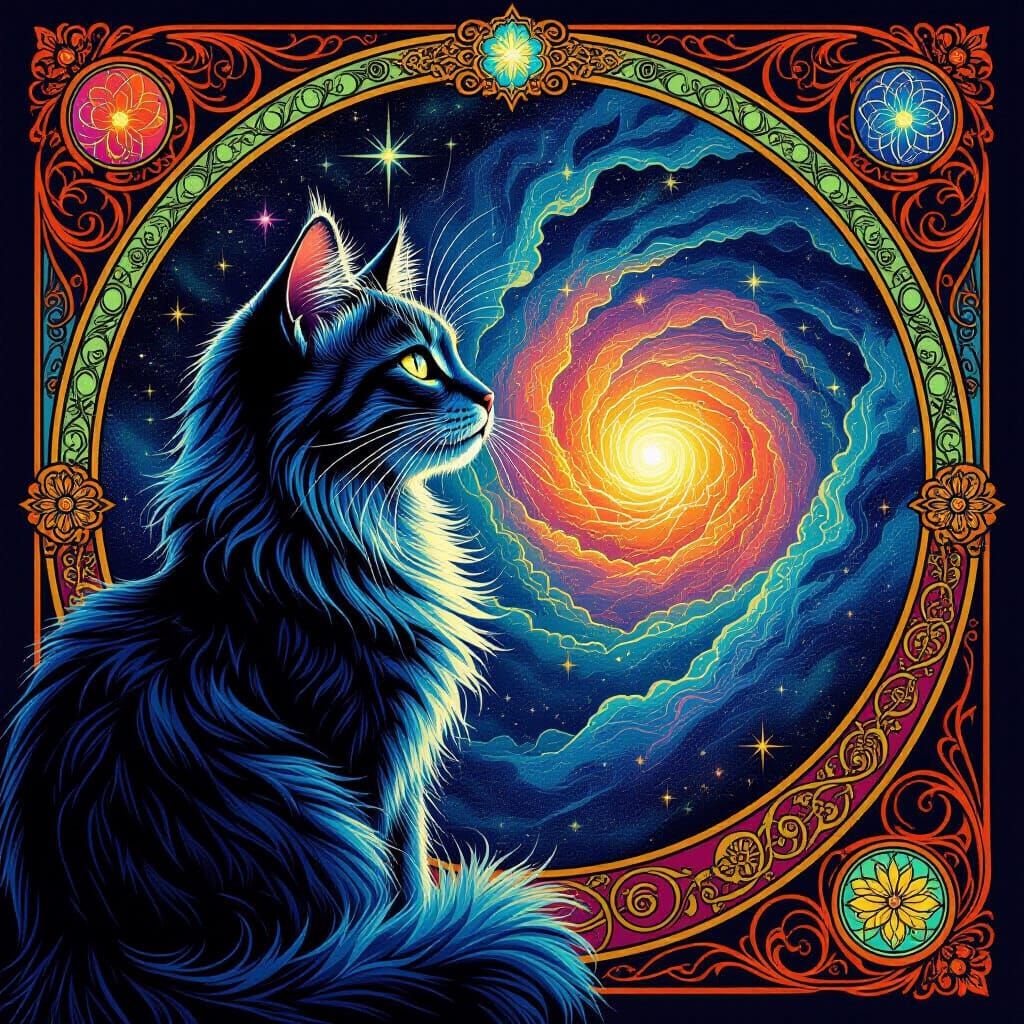 Mystical Cat in Cosmic Void, Art Nouveau Style