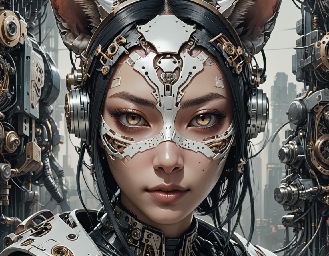 a close up of a person with a cat's head, front page of art station, holy cyborg necromancer girl, round ears, overlappi...