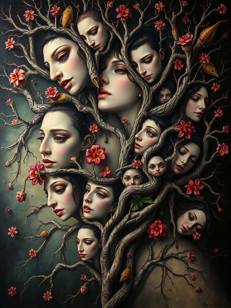 Surrealist Woman Encased in Faces and Branches