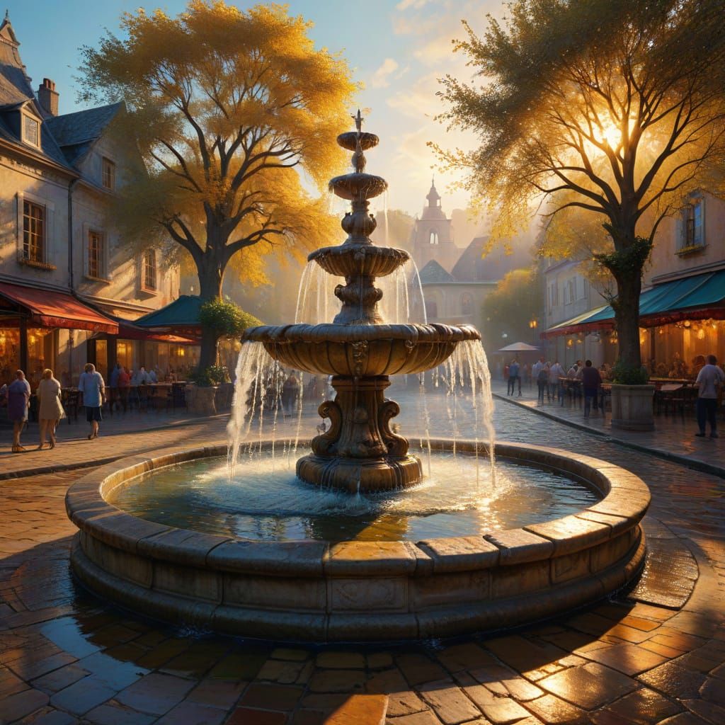 Majestic Village Fountain in Golden Hour