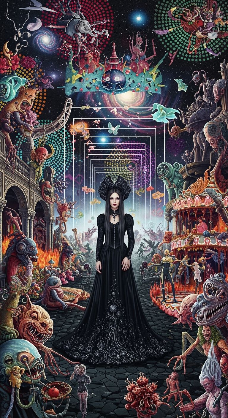 Elegant Gothic Woman in Surreal Cosmic Landscape