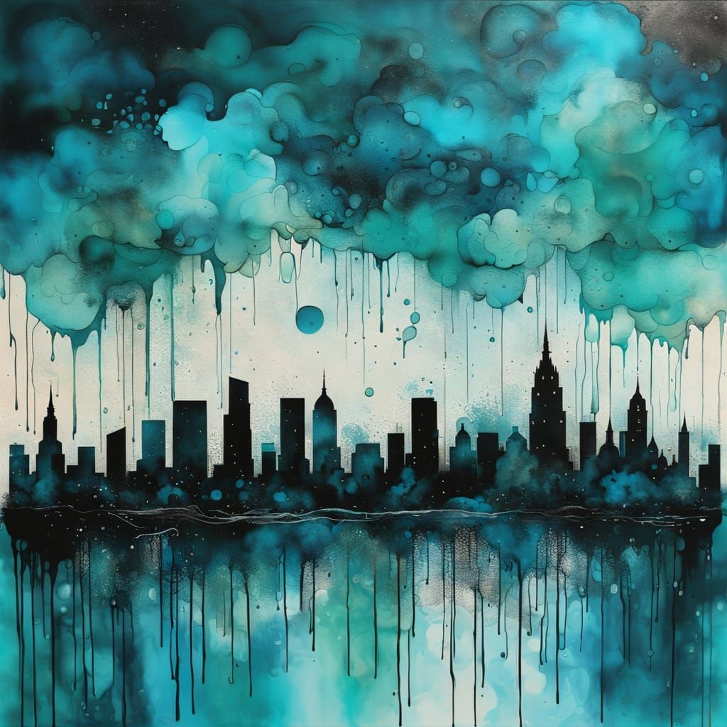 Surreal Ink Cityscape in Teal and Blue