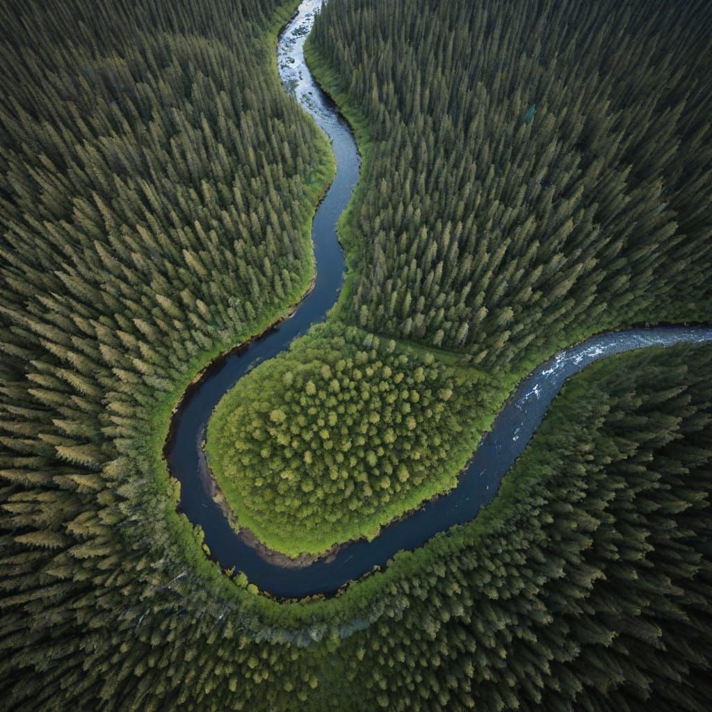 Aerial View of Alaska Taiga Forest and River
