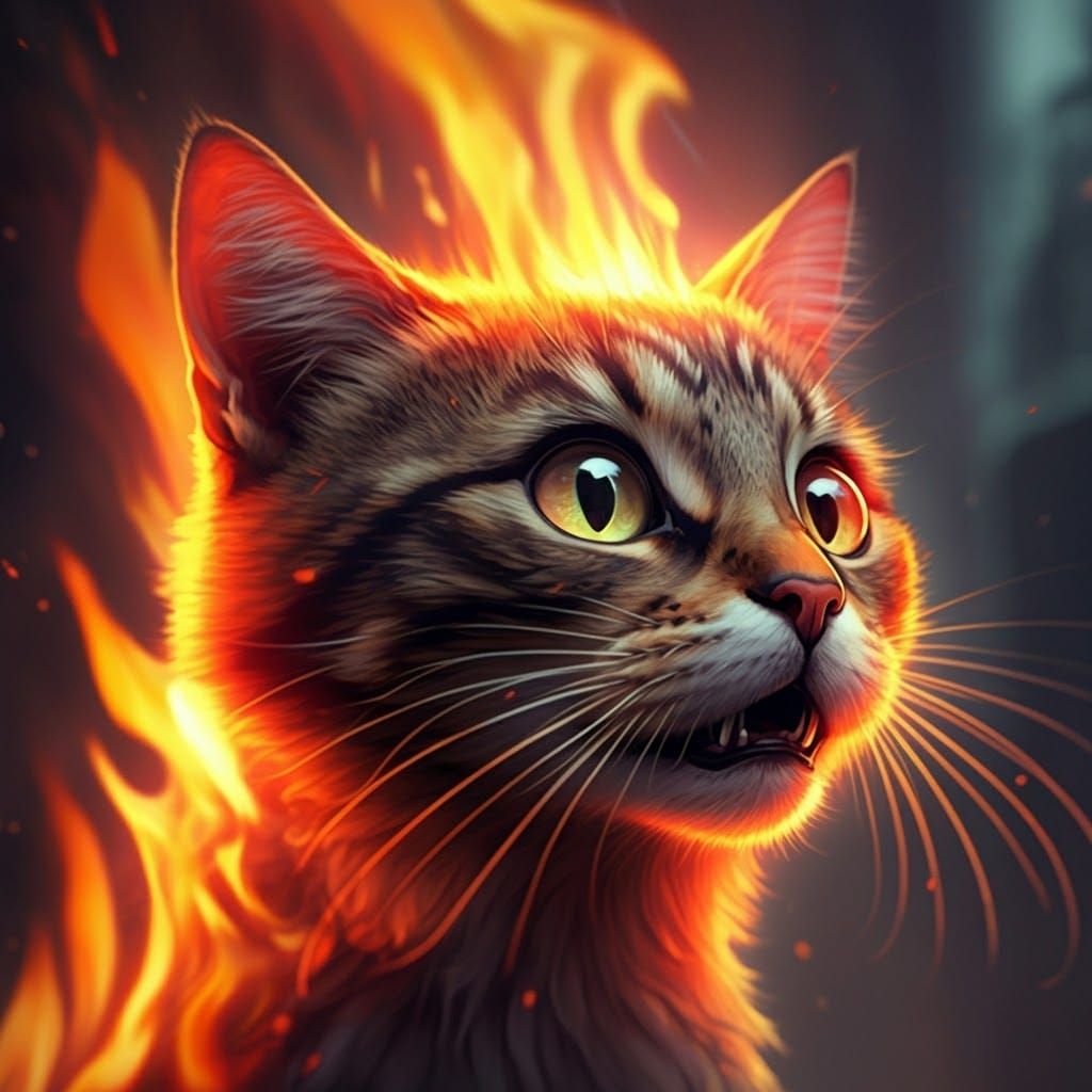 Terrified Cat Ablaze: Hyperrealistic Digital Art
