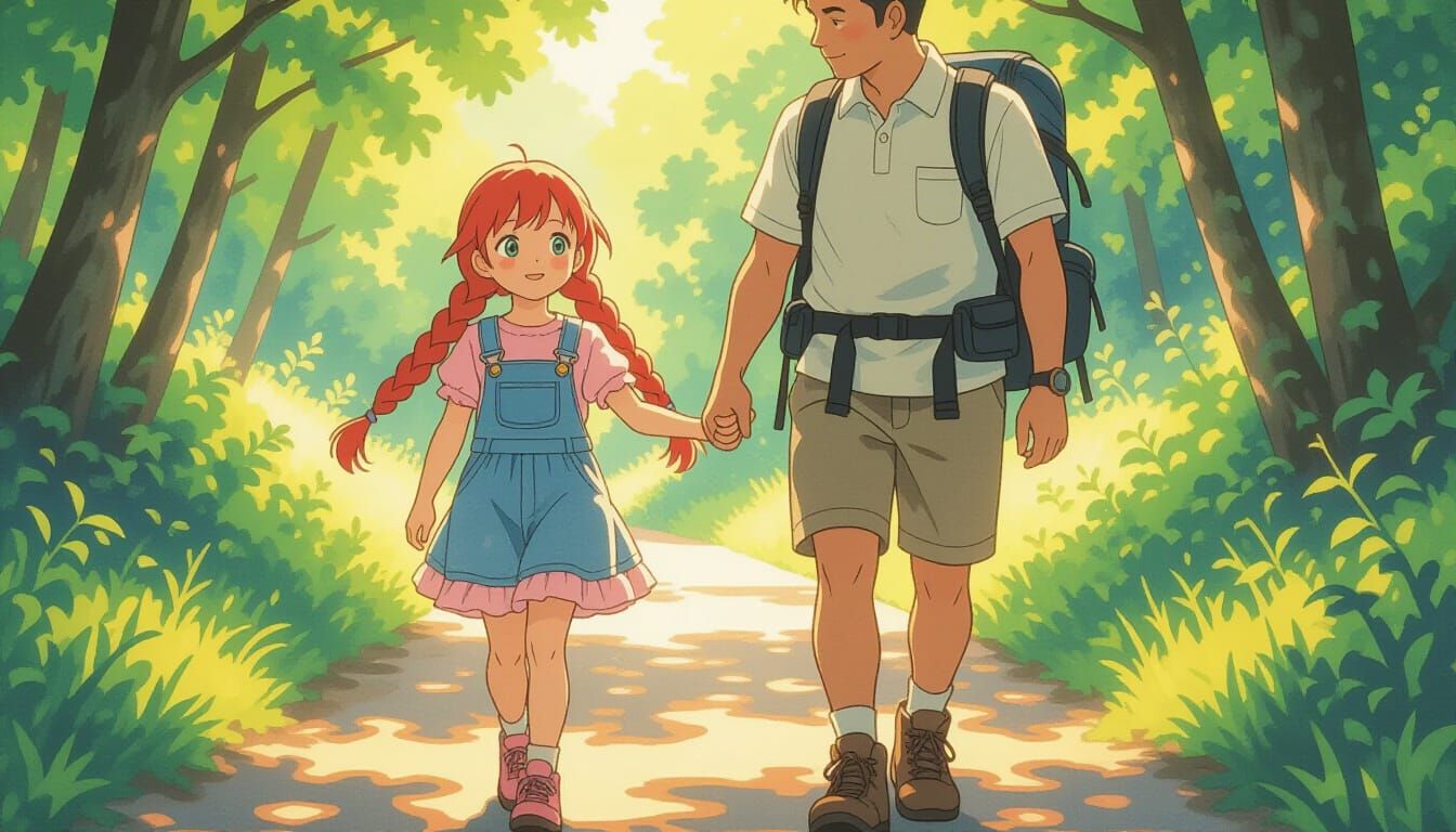 Father and Daughter on Nature Trail, Watercolor Style