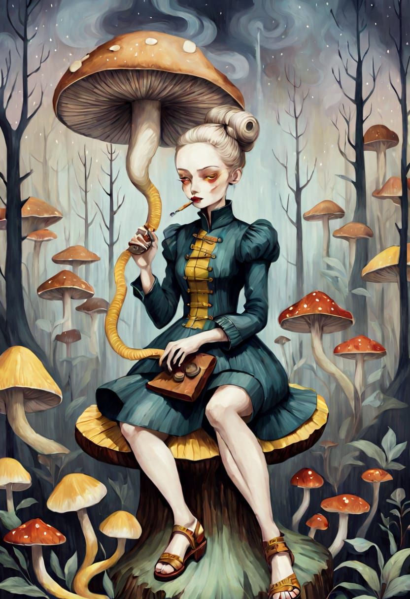 Steampunk Witch Sits on Mushroom Stump, Surrounded by Snake ...