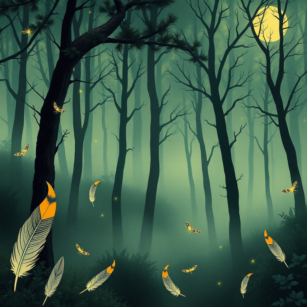Surreal Forest Scene with Fireflies in Mixed Styles