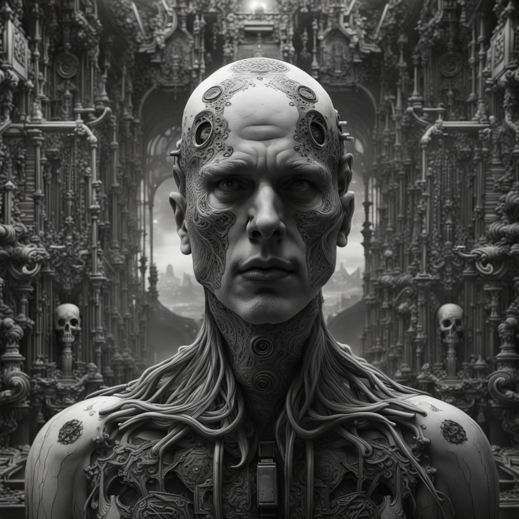 Man and Machine Merge in Dark Fantasy Art