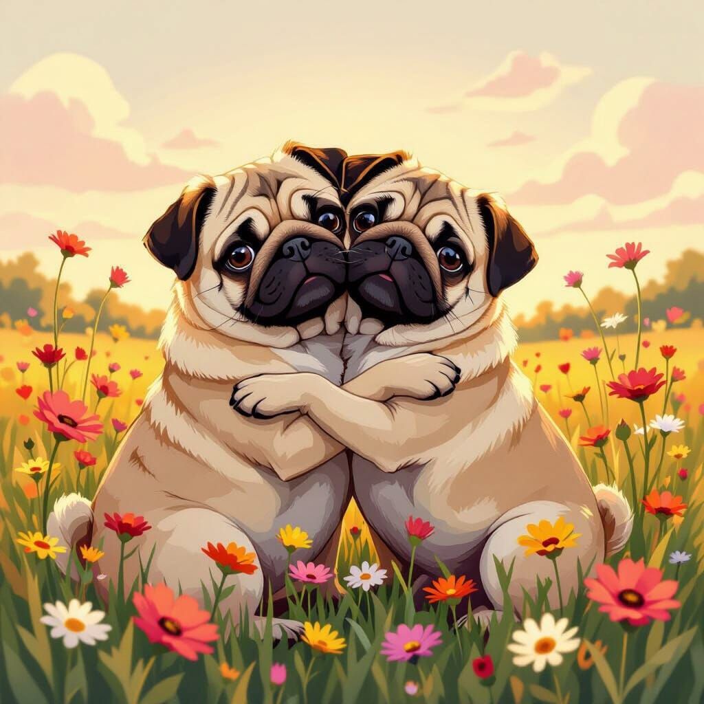 Two Pugs Embrace in Wildflower Field
