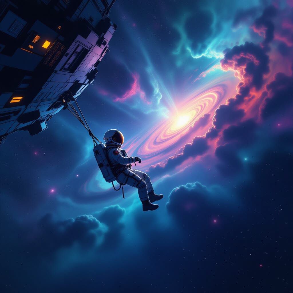 Astronaut Adrift in Cosmic Void Near Derelict Ship