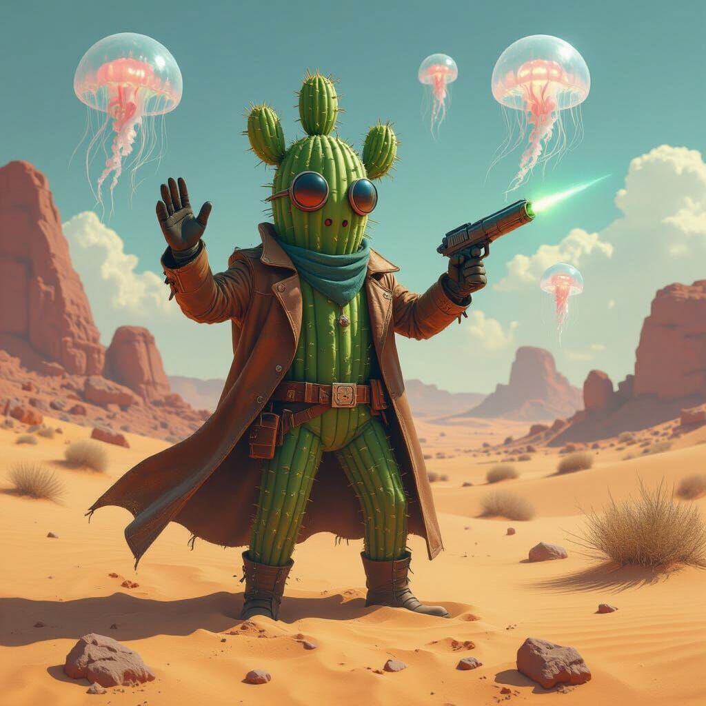 Cactus Gunslinger in Desert Landscape