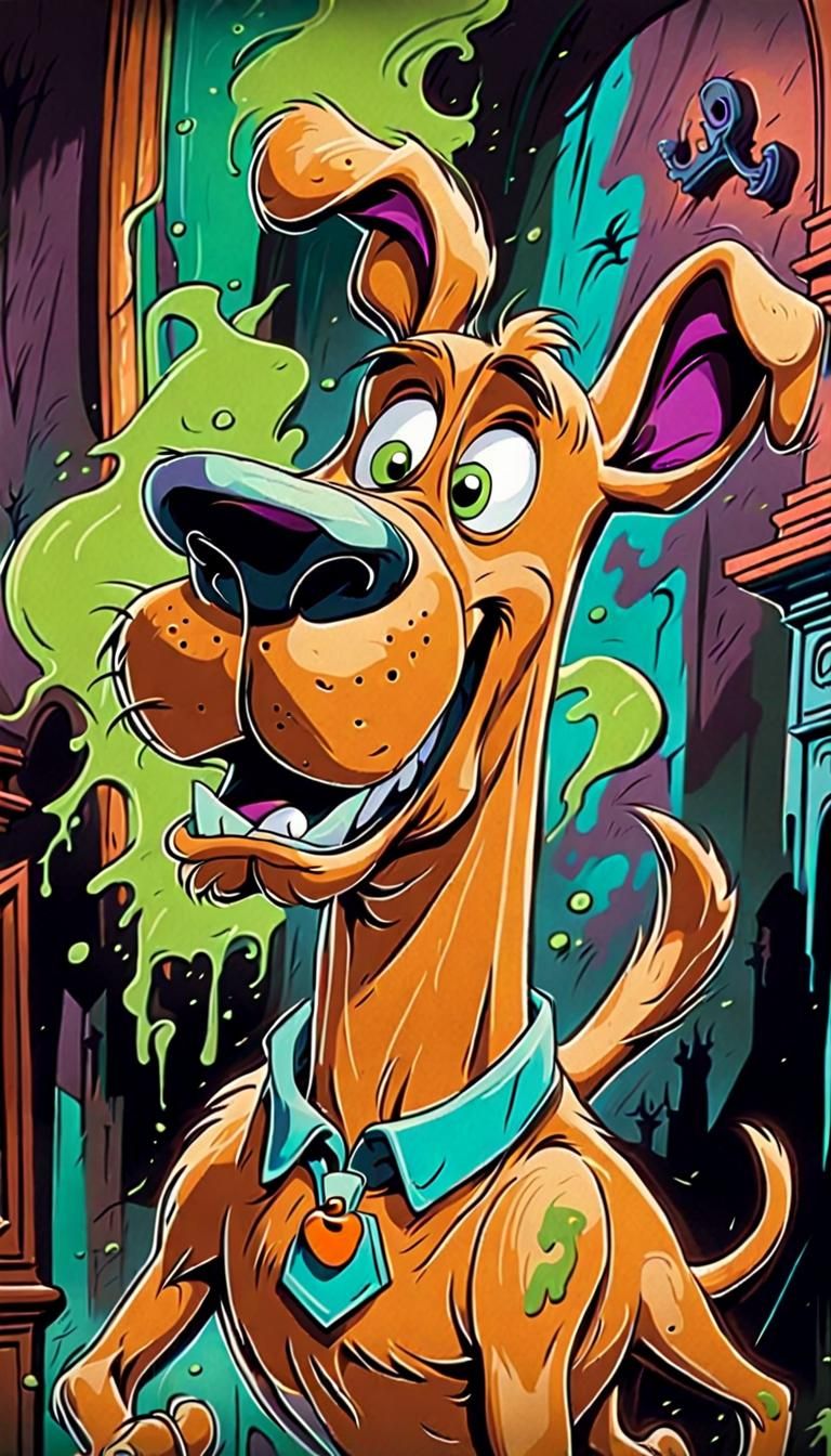 Scooby Doo Runs from Ghost in Retro Cartoon Style