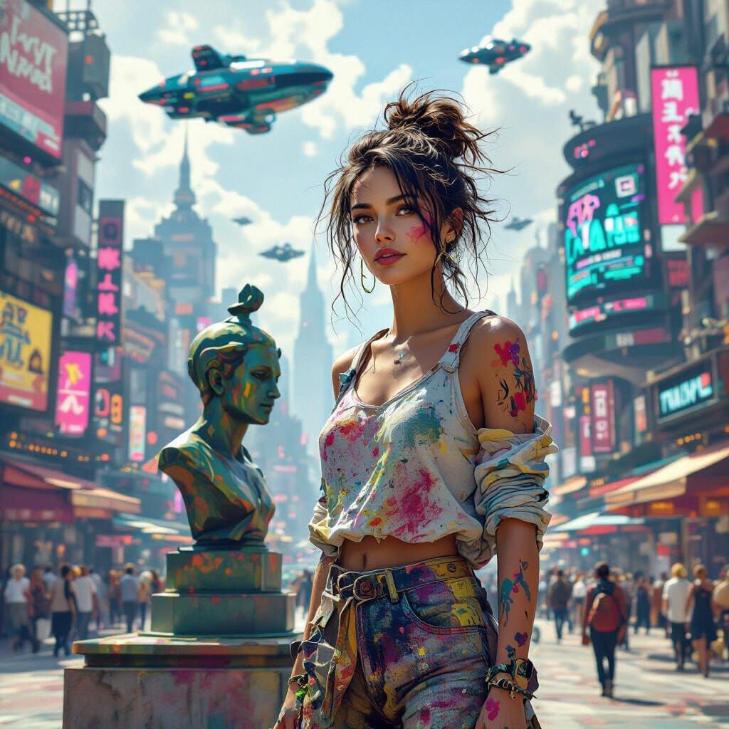 Visionary Sculptor in Retro-Futuristic City Square